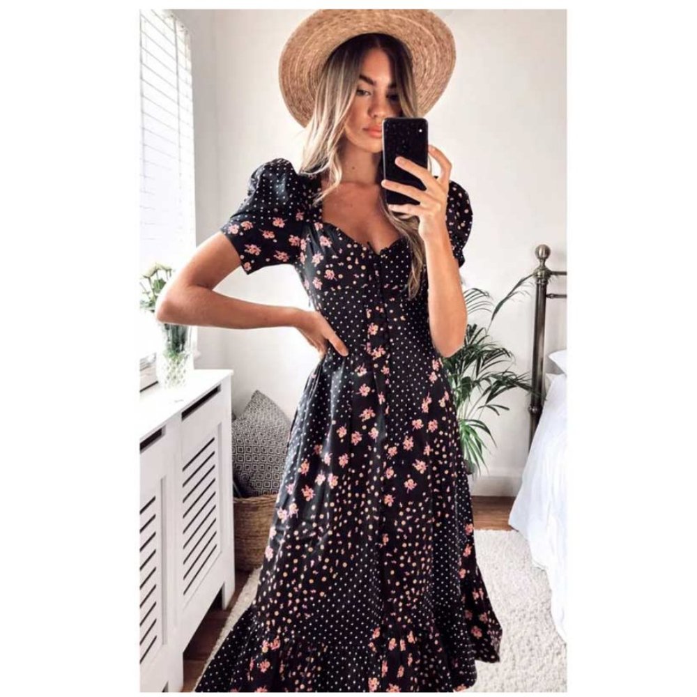 black Boho floral Print Puff sleeve midi dress - Picture 2 of 6